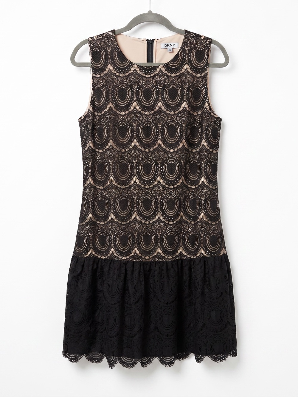 Black Lace Crew Neck Lined Drop Waist Dress made by DKNY
